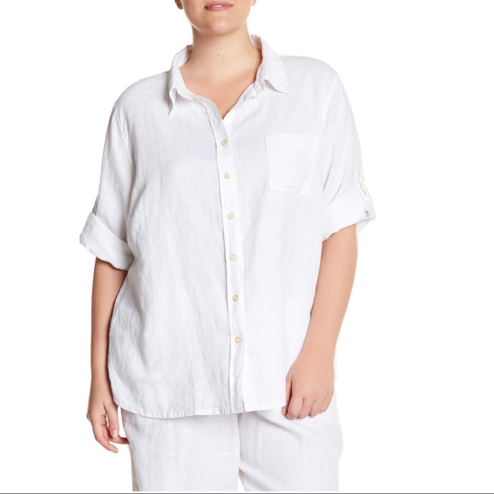 Allen Allen 3/4 Sleeve Linen Shirt Size 1X White Roll Tab Casual Blouse